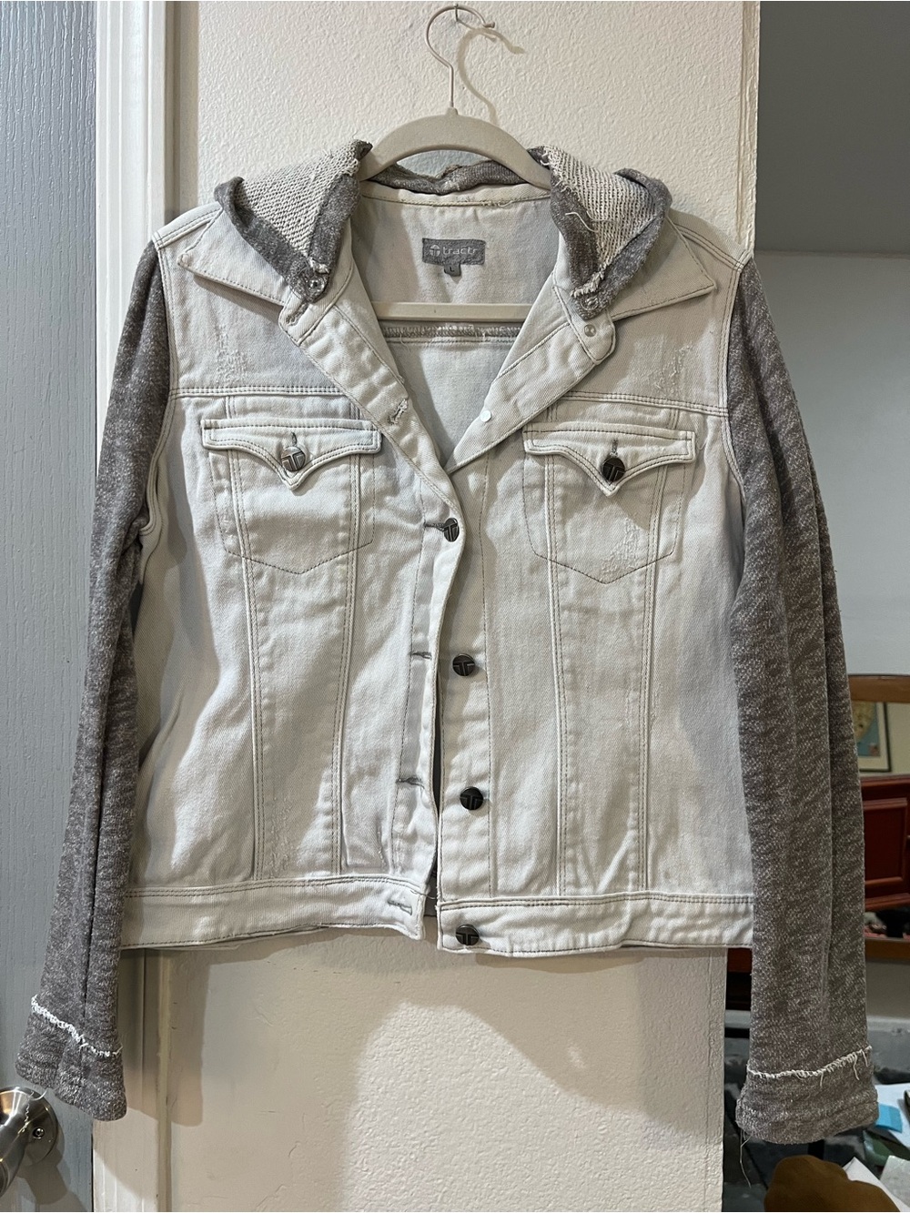 Tractr White Denim Jacket with Gray Knit Sleeves